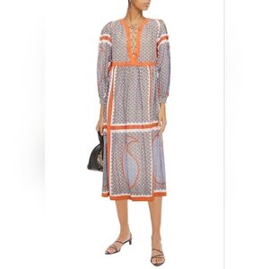 Antik Batik • Gisele Lace Up Vibrant Orange and Blue Long Sleeve Dress M/40